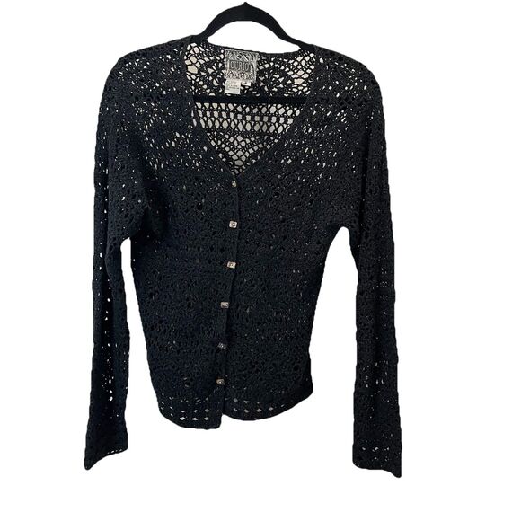 Curio New York Black Open Knit Button Up Crochet Long Sleeve Top Womens Size S - Picture 1 of 9